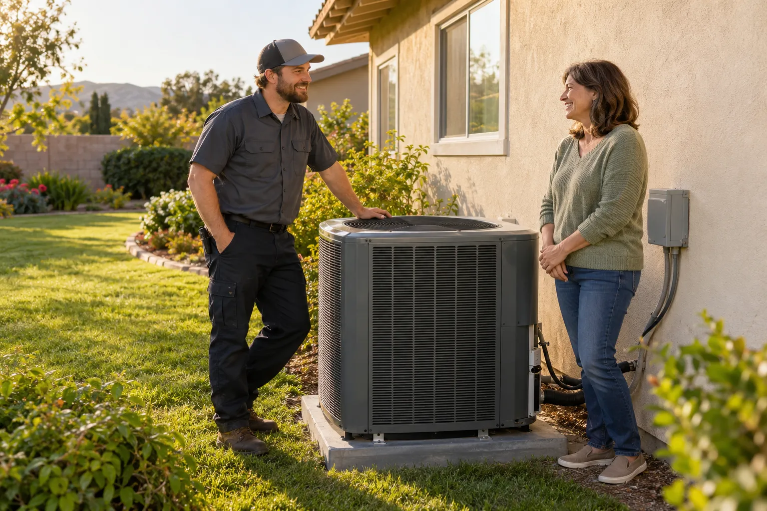 Friendly provider and homeowner reviewing a new outdoor AC unit beside a stucco ranch home in the Woodside area