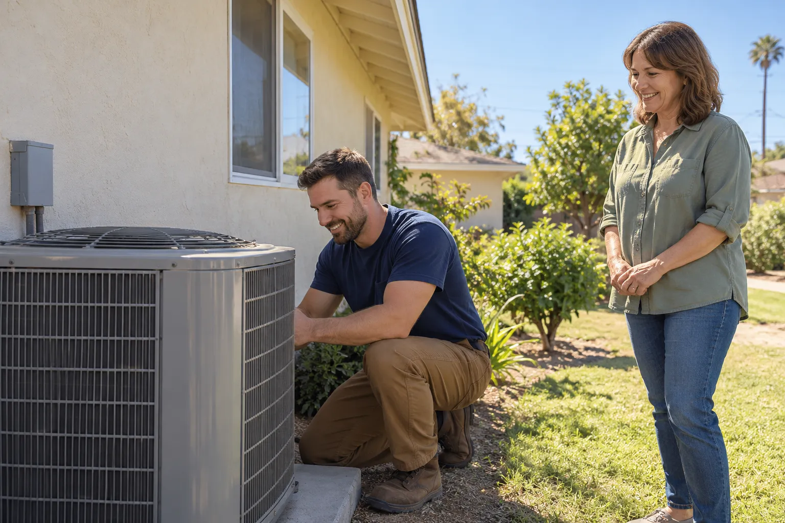 A friendly local provider checking an outdoor air conditioner beside a stucco ranch home in Woodside