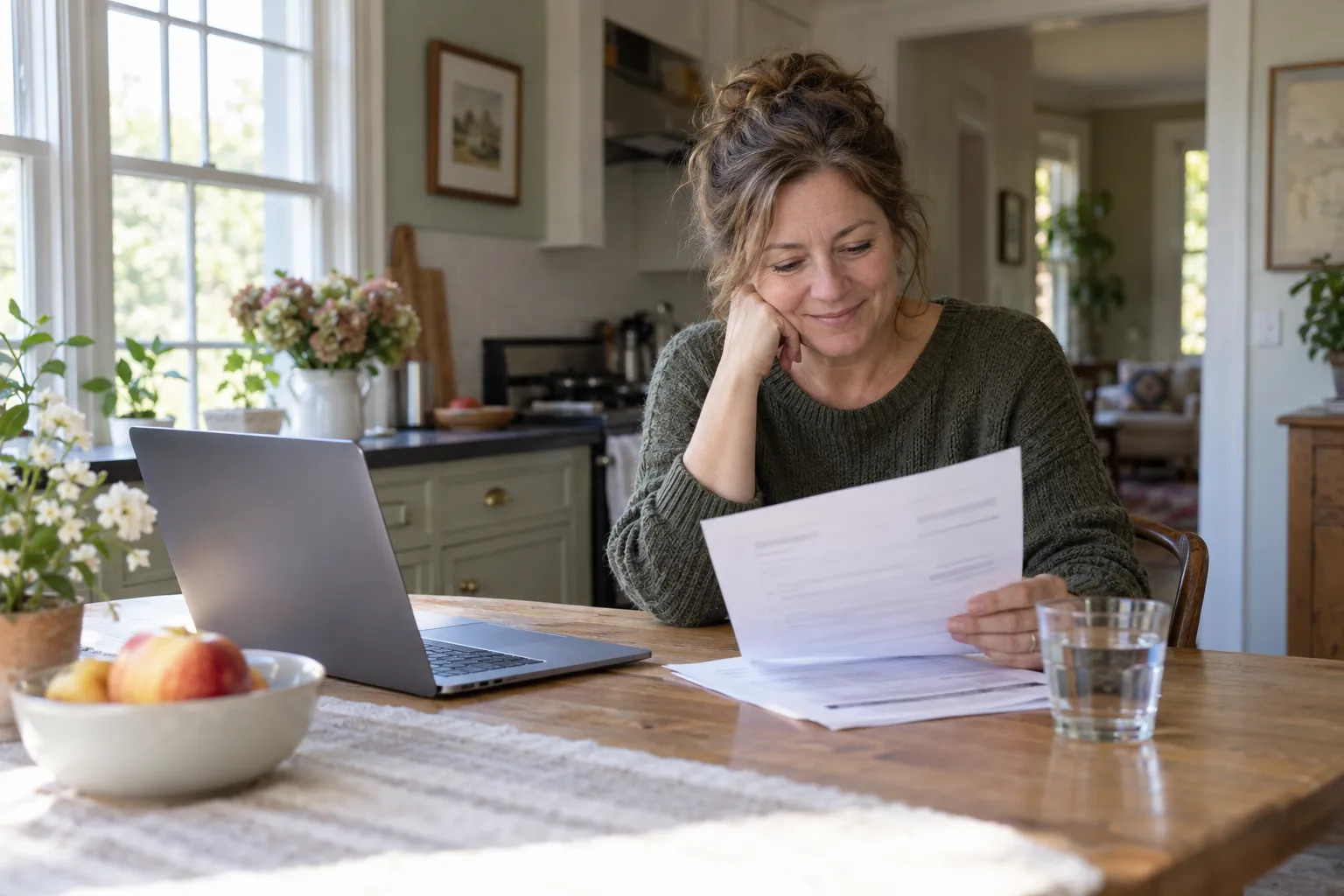A homeowner reviewing a written quote at the kitchen table in the Woodside area